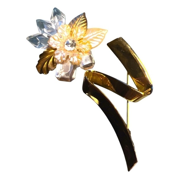 Vintage Statement Brooch Pin Trendy Pearl Flower Gold Leaves Clear Crystal Stone - Picture 4 of 6